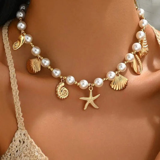 Bohemia Conch Starfish Imitation Pearl Necklace for Women Luxury Exquisite Beaded Shell Pendant Necklace Beach Holiday Jewelry