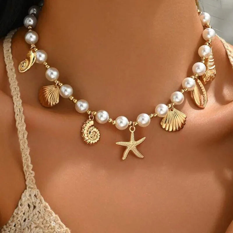 Bohemia Conch Starfish Imitation Pearl Necklace for Women Luxury Exquisite Beaded Shell Pendant Necklace Beach Holiday Jewelry