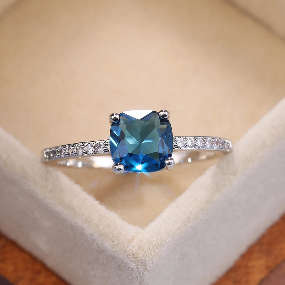 Huitan Square Blue Series Stone Women Rings Simple Minimalist Pinky Accessories Ring Band Elegant Engagement Jewelry Rings