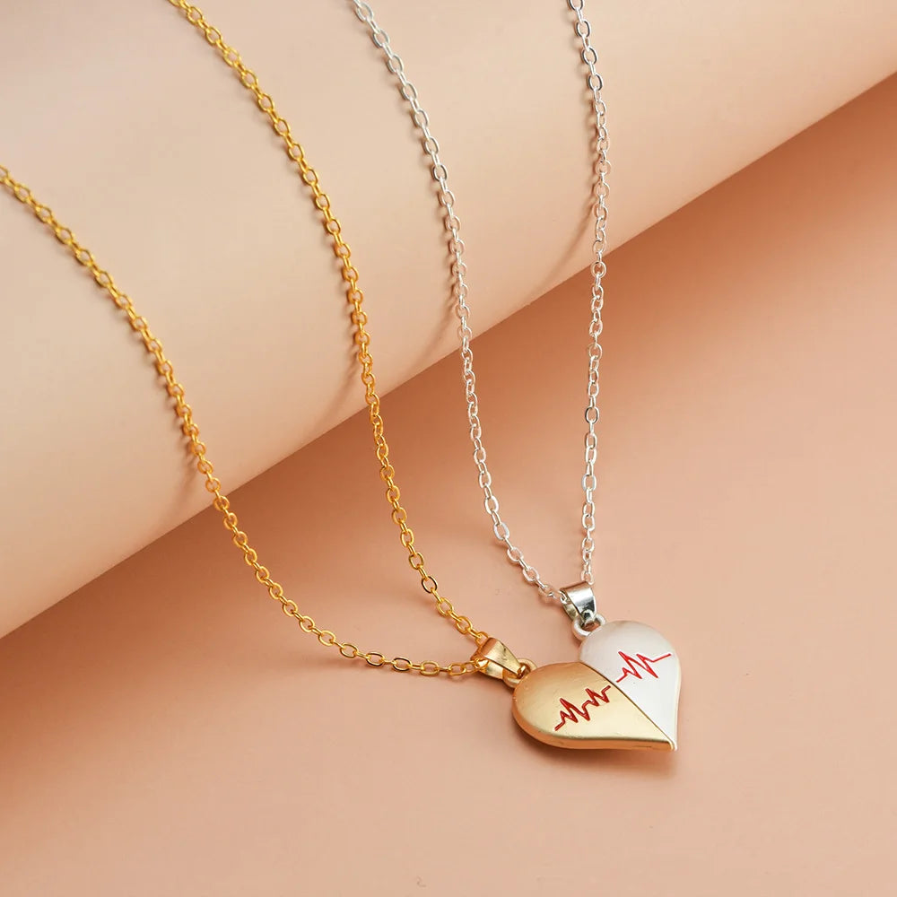 2Pcs Electrocardiogram Couple Necklaces for Lovers Boys Girls Stainless Steel Magnetic Heart Pendant Jewelry Valentines Day Gift