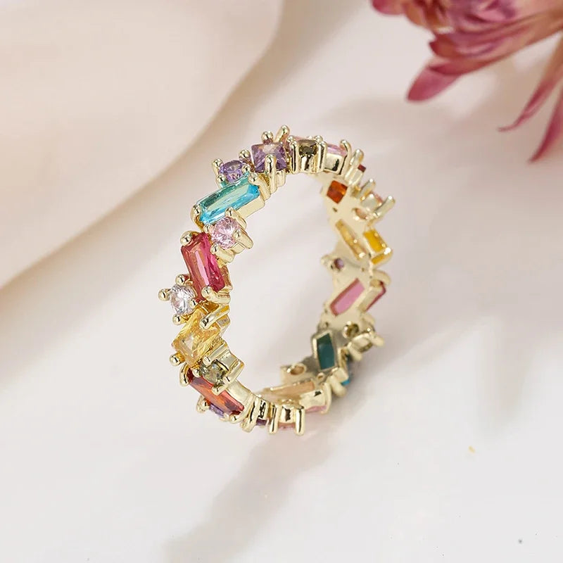 Luxury Gold Color Geometry Cubic Zirconia Wedding Rings for Elegant Women Engagement Ring Party Jewelry Gift
