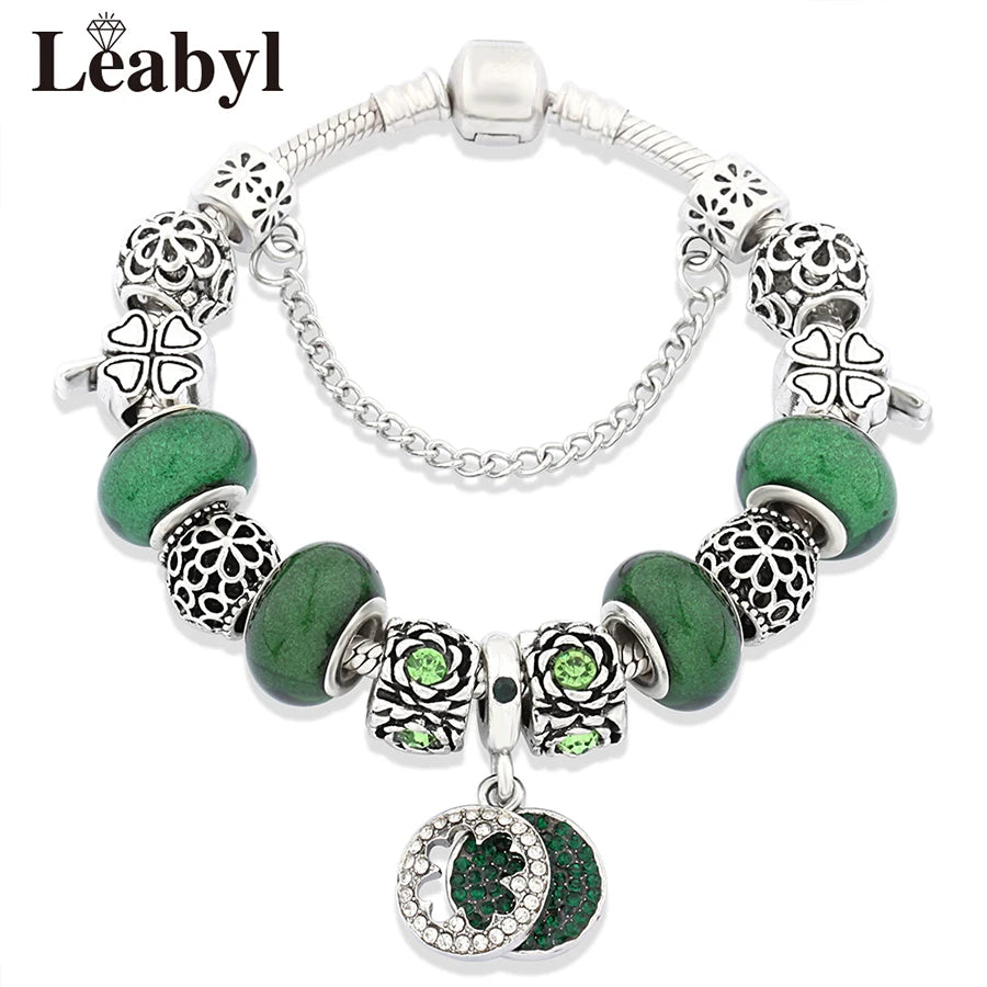 Antique Tibetan Silver Tree of Life Charm Bracelets Green Crystal Flower Bead Bracelet with Heart Diy Jewelry Pulsera Mujer