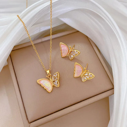 DIEYURO 316L Stainless Steel Butterfly Flower Bowknot Necklace Earrings For Women Girl New Concise Trendy Jewelry Set Gift Party
