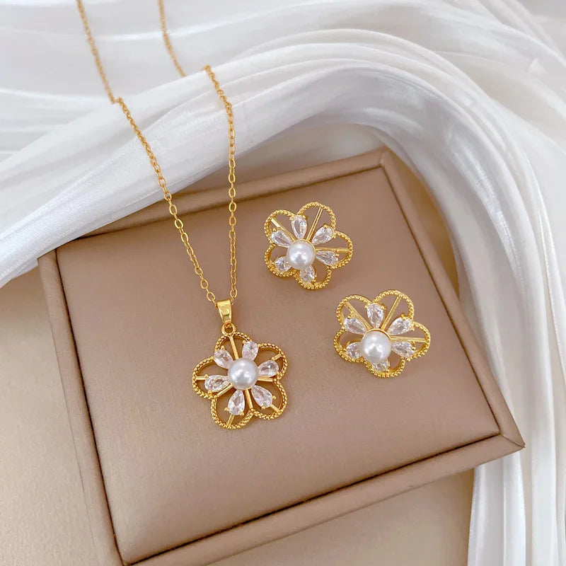 DIEYURO 316L Stainless Steel Butterfly Flower Bowknot Necklace Earrings For Women Girl New Concise Trendy Jewelry Set Gift Party