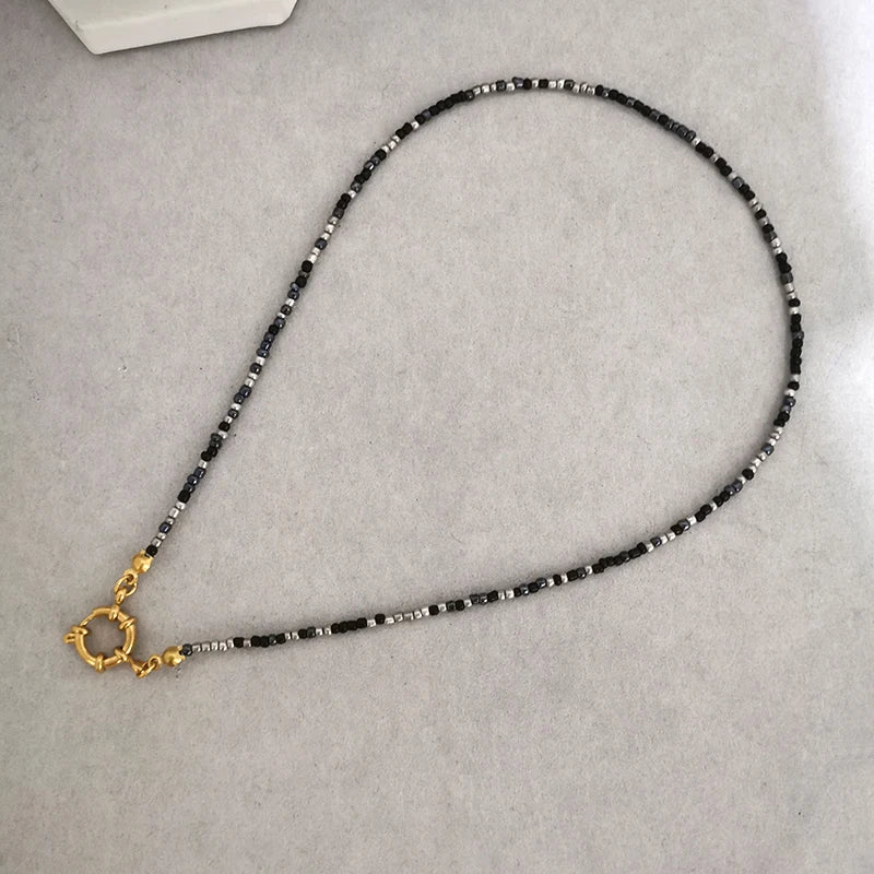 QMHJE Imitation Pearl Necklace Women Choker Seed Beads Rainbow Stainless Steel Clasp Sailor Buckle Base Chain Gold Color Boho