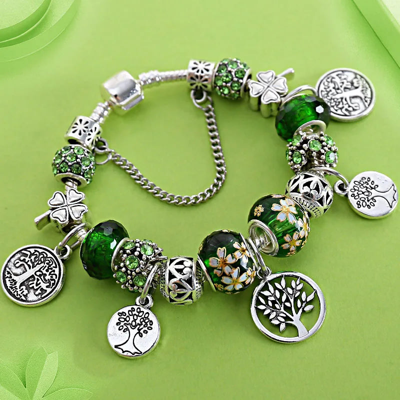 Antique Tibetan Silver Tree of Life Charm Bracelets Green Crystal Flower Bead Bracelet with Heart Diy Jewelry Pulsera Mujer