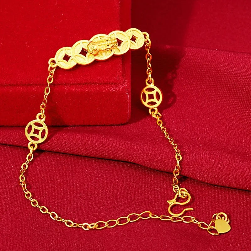 Women's 24K Gold Bracelet | Double Pixiu guarding coins, cloud - engraved chain, aged finish, classic & eye - catching