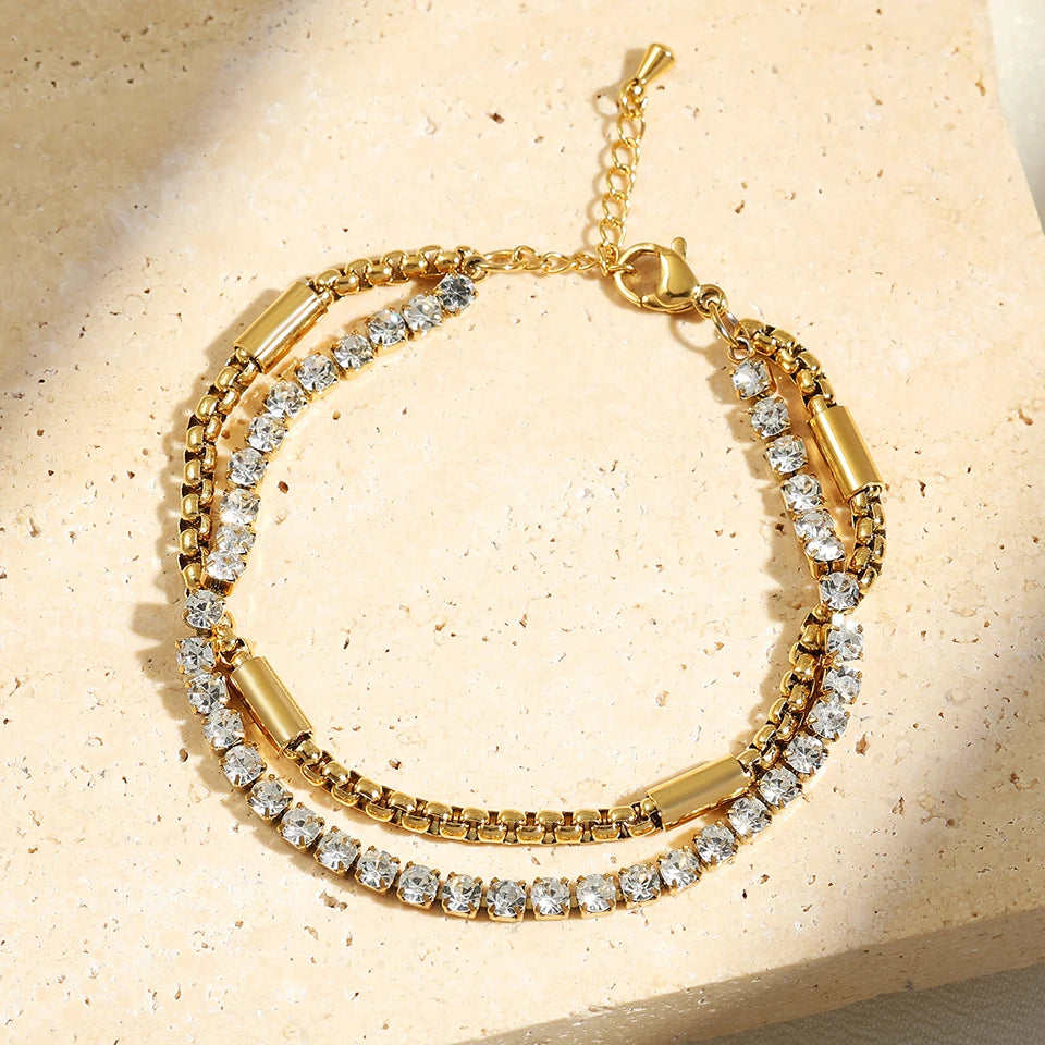 ZAKOL 3Pcs Gold Color Stainless Steel Stacked Bracelet Bangles for Women Geometric Five-Leaf Flower Zircon inlaid Bracelet Gift