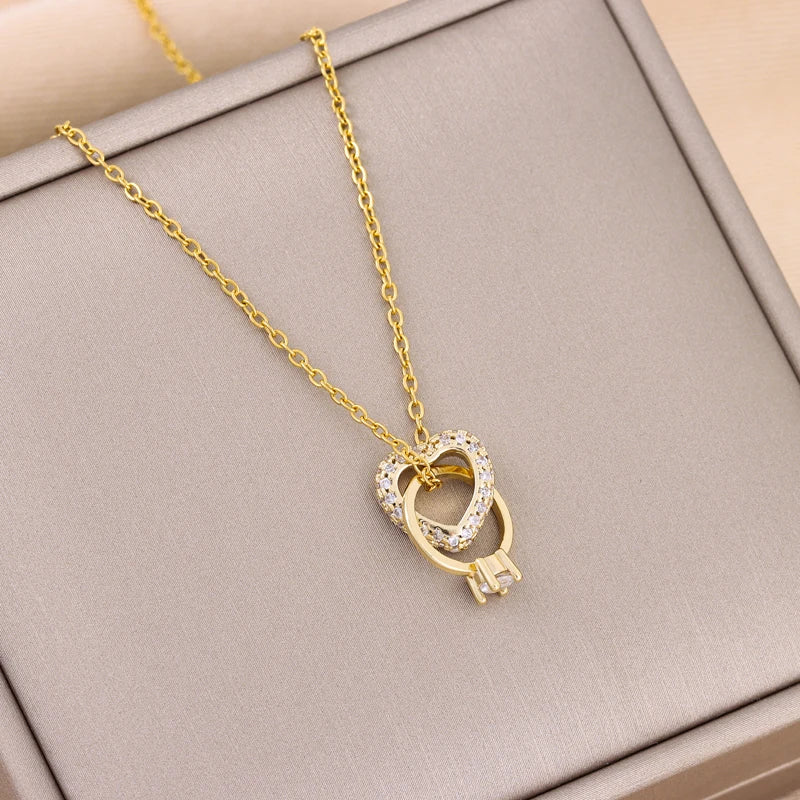 Trendy 18K Gold Plated Zircon Crystal Pendant Stainless Steel Necklace For Women Female Clavicle Chain Jewelry Lady Accessories