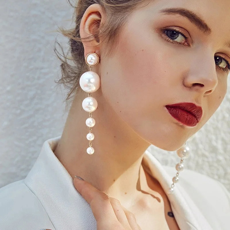 Fashion Pearl Long Earring For Women Cute Korean Crystal Rhinestone Chain Drop Earrings Bridal Wedding Party Jewelry Gifts 2024