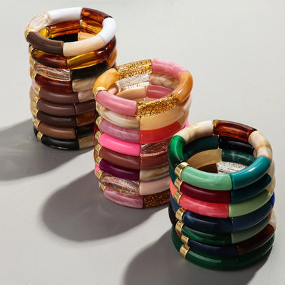 Bohomia Acrylic Design Style Chunky Bamboo Stackable Bracelet for Women Boho Elastic Colorful Tube Beads Braceletes 2024 Jewelry