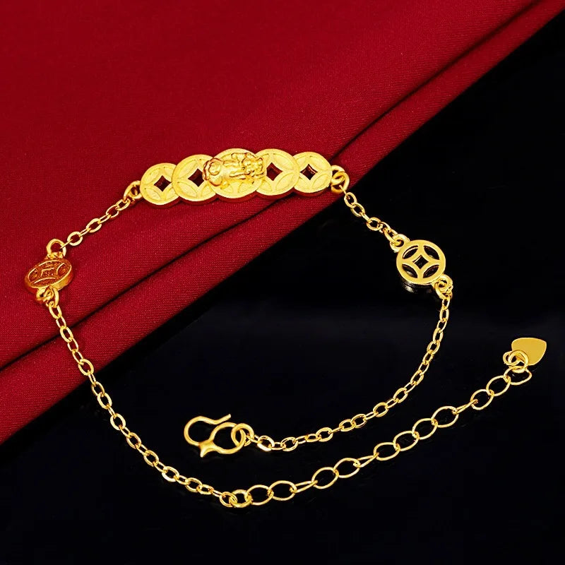 Women's 24K Gold Bracelet | Double Pixiu guarding coins, cloud - engraved chain, aged finish, classic & eye - catching