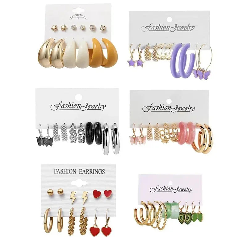 Creative and simple C-shaped geometric earrings with pearl butterfly female earrings 6-piece set