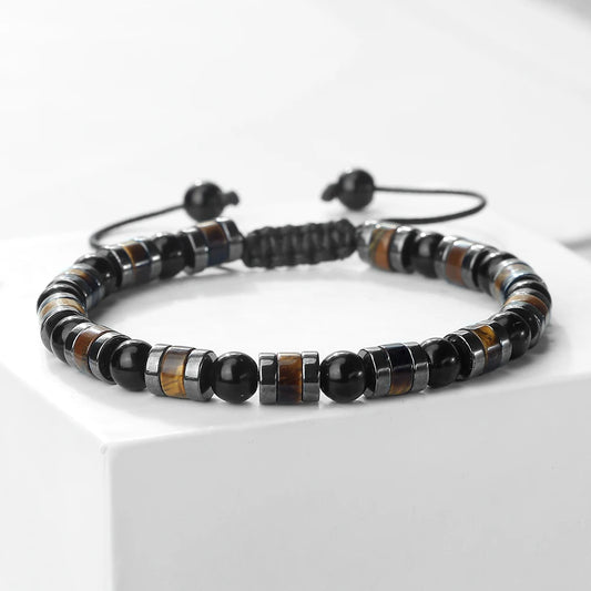 Men Bracelet Natural Tiger Eye Stone Cylindrical Beads Bracelets Hematite Spacer Handmade Adjustable Bangles Women Yoga Jewelry