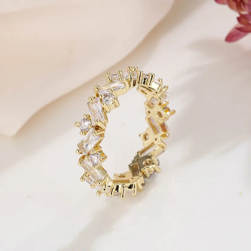 Luxury Gold Color Geometry Cubic Zirconia Wedding Rings for Elegant Women Engagement Ring Party Jewelry Gift
