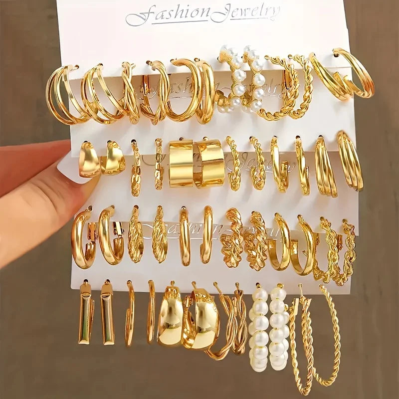 24 Pcs Fashion Vintage Hoop Earrings Set for Women Boho Metal Circle Geometric Twist Pearl Studs Earrings Trendy Jewelry Gifts