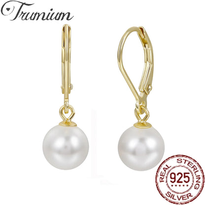 Trumium 8mm 100% Sterling Silver 925 Round Pearl Drop Earrings Jewelry for Woman Girl Leverback Dangle Studs серьги женские