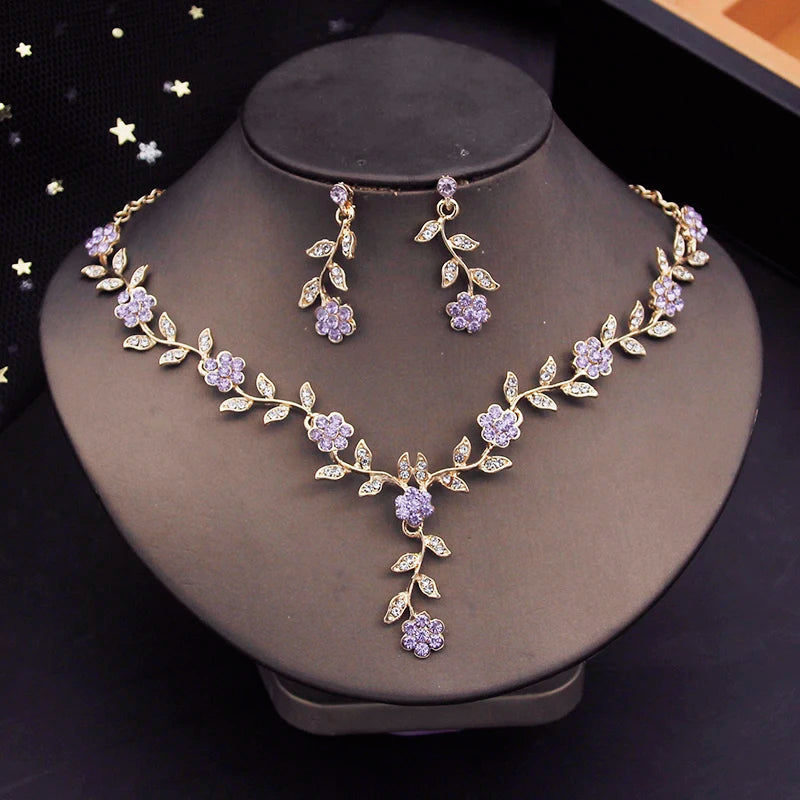 Rhinestone Bride Jewelry Sets for Women Luxury Flower Choker Necklace Earrings Wedding Dress Bridal Necklace Sets Fashion
