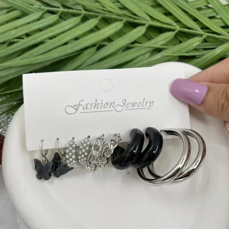 Creative and simple C-shaped geometric earrings with pearl butterfly female earrings 6-piece set