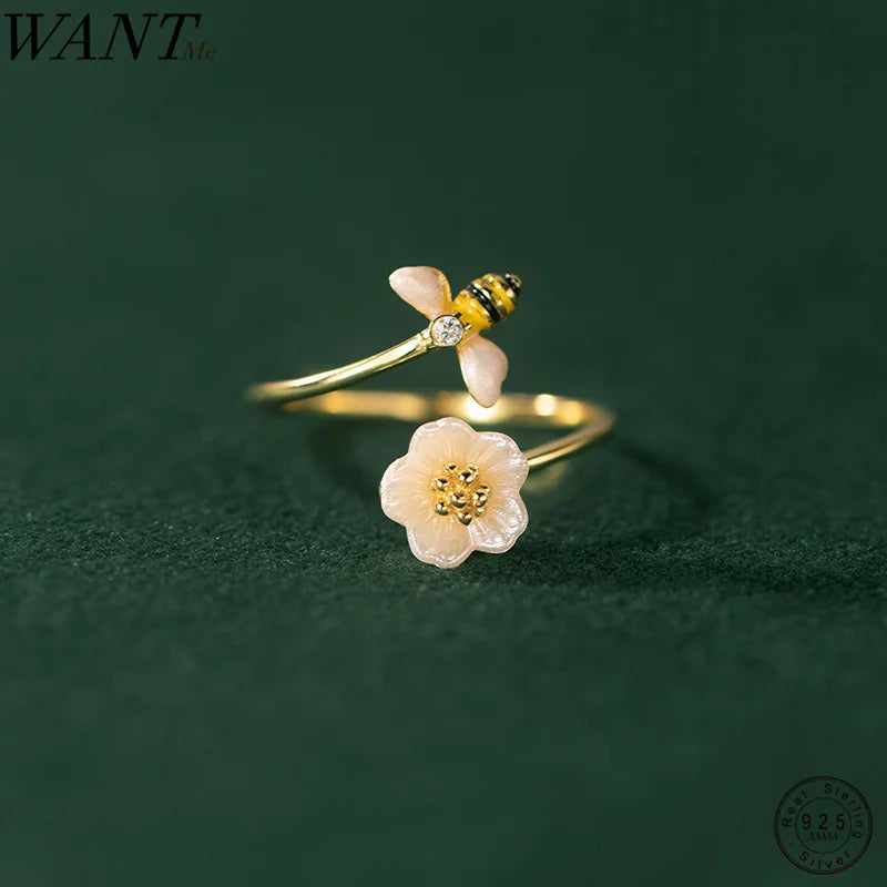 WANTME 925 Sterling Silver Fashion Unique Design Bee Shell Romantic Flower Finger Ring for Women Elegant Christmas Party Jewelry
