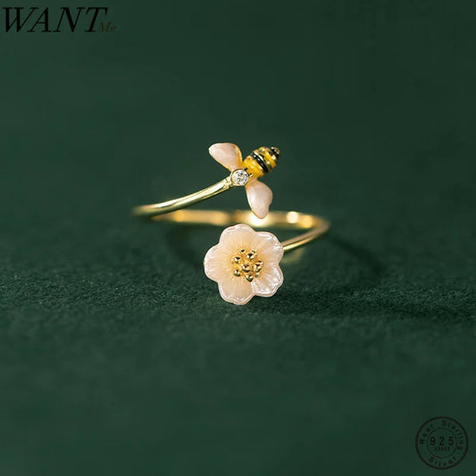WANTME 925 Sterling Silver Fashion Unique Design Bee Shell Romantic Flower Finger Ring for Women Elegant Christmas Party Jewelry