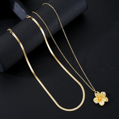 2pcs Retro Gold Color Flower Pendant Necklaces for Women Simple Elegant Snake Chain Necklace Set Fashion Aesthetic Charm Jewelry