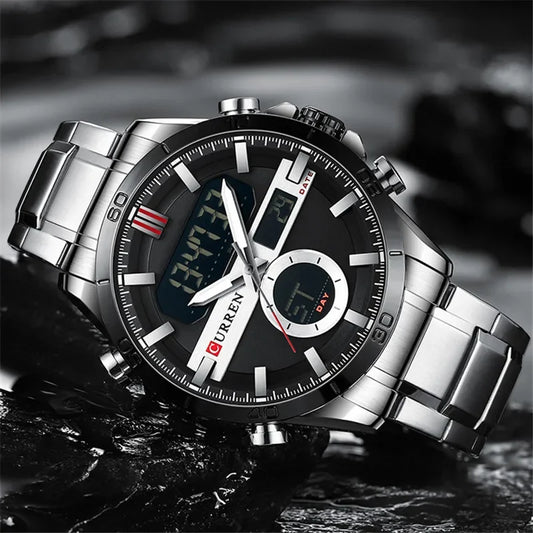 CURREN Sport Men Watch Top Brand Luxury Military Business Male Clock Silver Stainless Steel Quartz Digital Man Wristwatch 8384