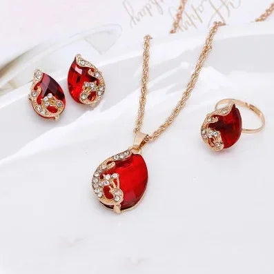 Delysia King  4PCS Trendy Water Droplets Peacock Jewelry Set Crystal Elegant Necklace/Earrings/Ring for Cocktail