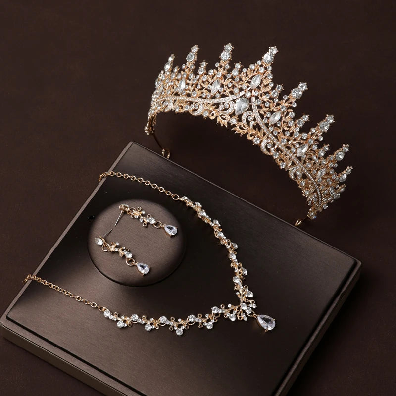 Itacazzo Bridal Headwear Set Crown Necklace Earrings Four Piece Classic Tiaras Suitable for Women's Wedding and Birthday Parties