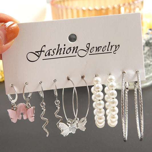 Fashion Big Silver Color Round Circle Pearl Hoop Earrings for Women Girls Snake Butterfly Dangle Earring Set Female Y2K Jewelry