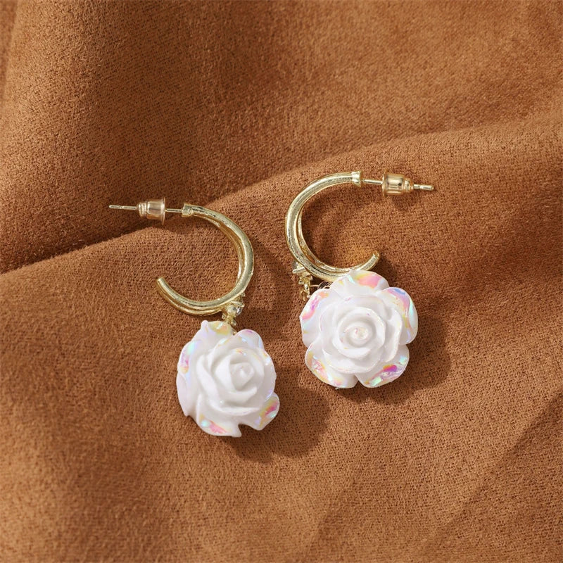Pure White Women's Dangle Earrings Blooming Flower Acrylic Enamel Butterfly Imitation Pearl Heart Hanging Earrings Elegant brinc