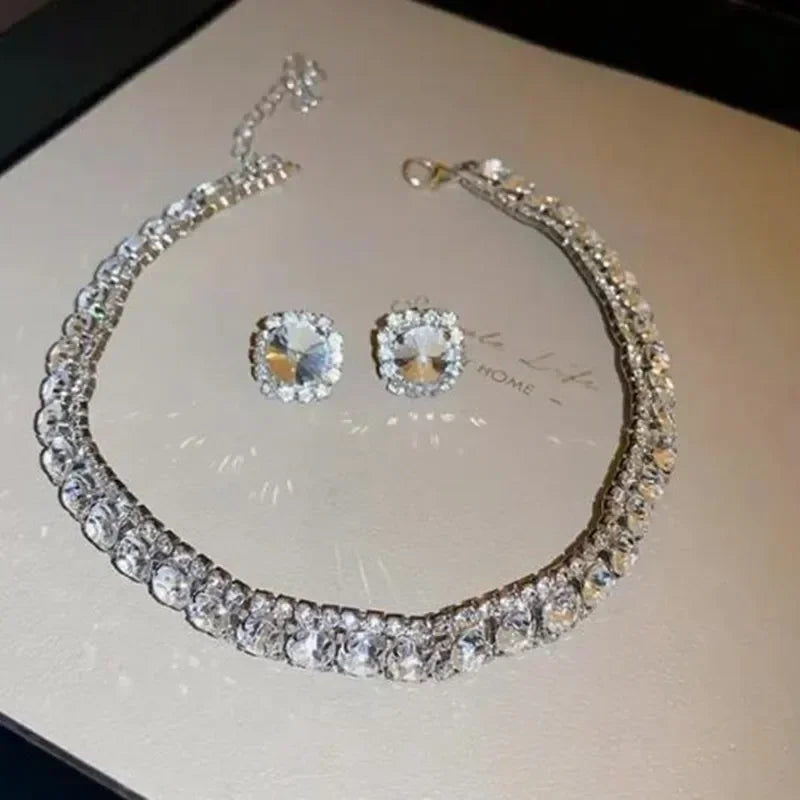 Luxury Crystal Necklace Earrings Set Pink ABcolourful Necklace for Women Weddings Party Jewelry Sets Accessories