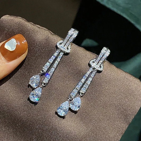 Huitan Bling Bling Long Tassels CZ Drop Earrings for Women Elegant Charms Wedding Party Jewelry Trendy Hot Sale Ear Accessories