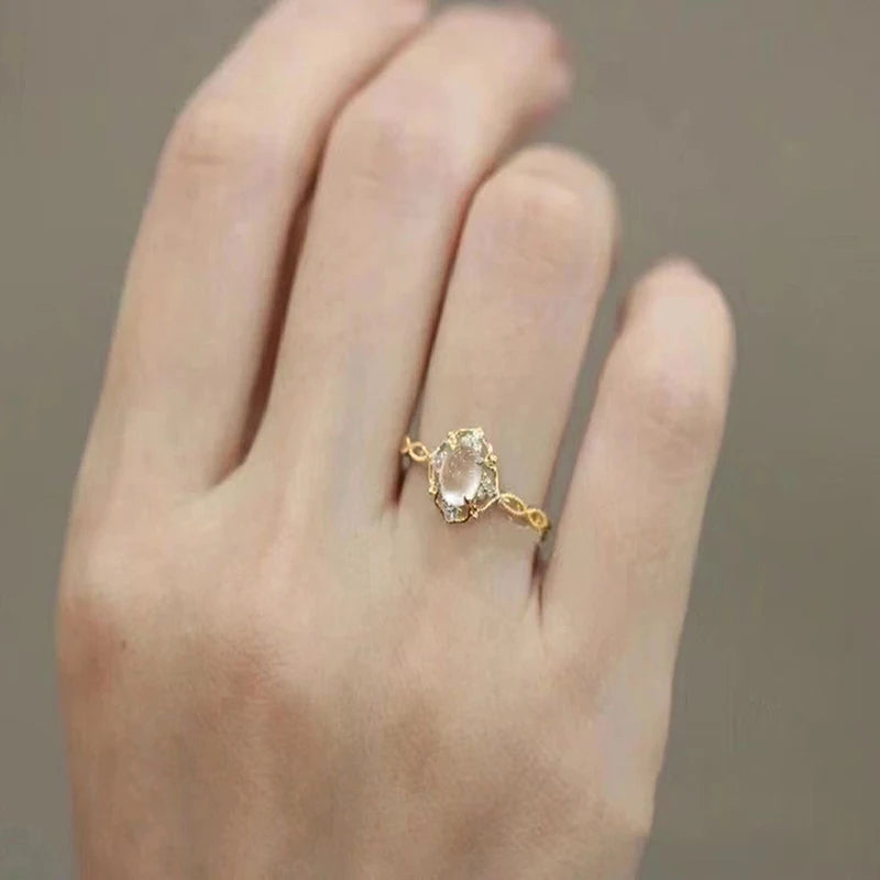 Huitan Aesthetic Women Wedding Rings with Imitation Moonstone Newly Designed Female Accessories Anniversary Party Trendy Jewelry