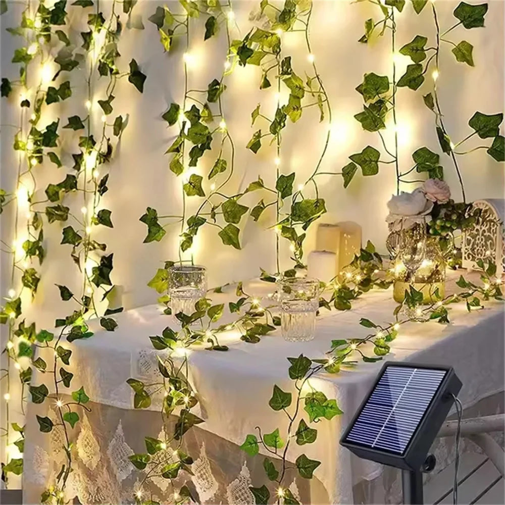 Green Ivy Leaf Plants Fairy Lamp Wedding Decor Artificial Fariry Garland LED Curtain Wall Hanging String Lights