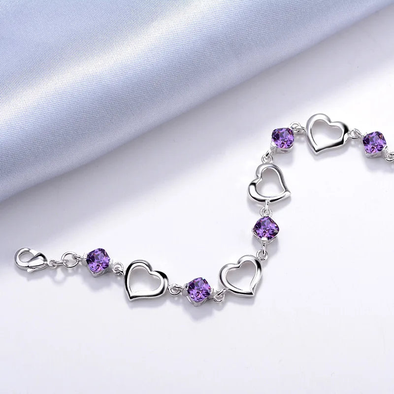 Sterling Silver Heart Shaped Bracelet for Women Vintage Purple Amethyst Bracelets Jewelry Set Party Jewelry Bangles for Women