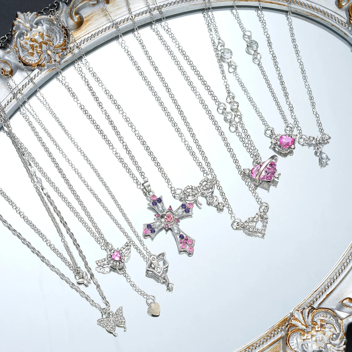 9 Pcs Gothic Y2K Pink Cross Heart Pendant Chain Choker Necklace Set For Women Girl Hip Hop Punk Charms Aesthetic Jewelry Gifts