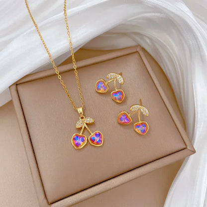 DIEYURO 316L Stainless Steel Butterfly Flower Bowknot Necklace Earrings For Women Girl New Concise Trendy Jewelry Set Gift Party