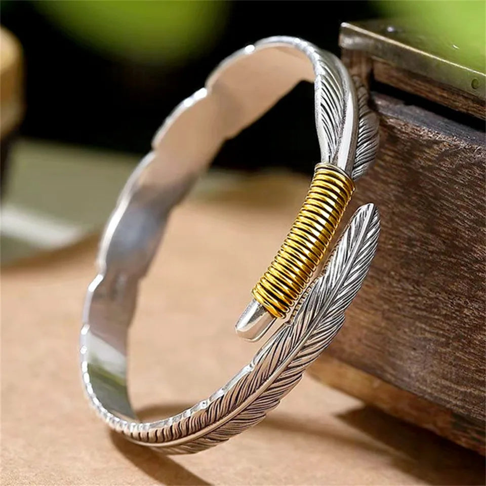 Tang Grass Pattern Feather Bracelet, Men's Trendy, Ancient Silver, Personalized, Versatile, Retro Open Bracelet