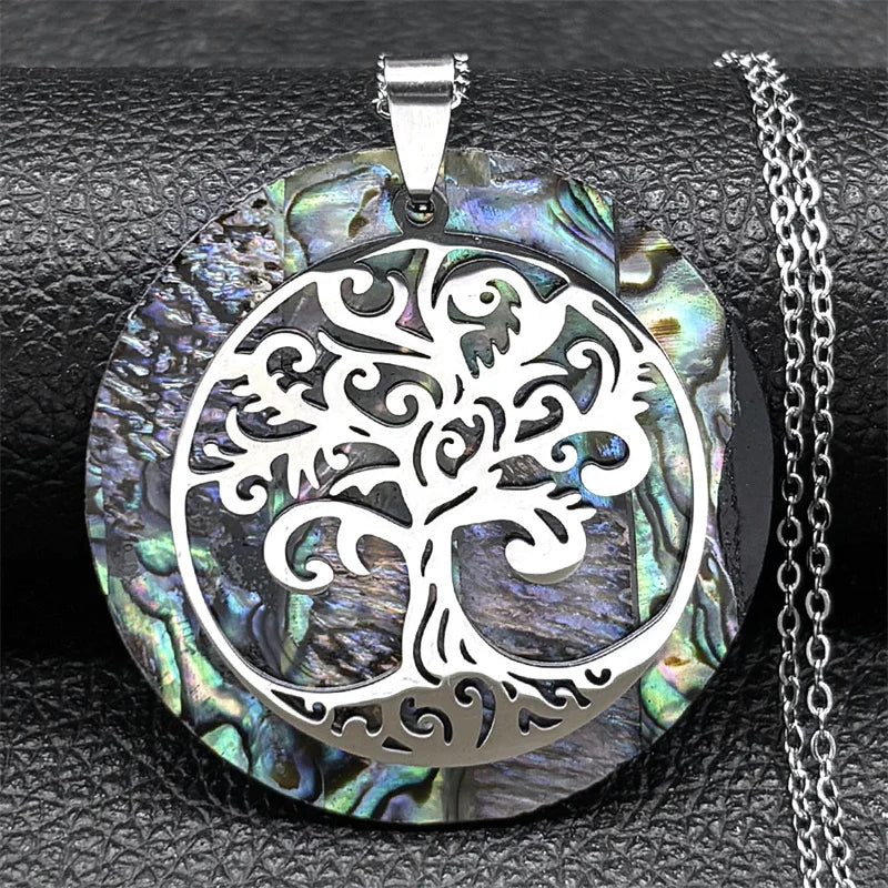Tree of Life Stainless Steel Abalone Shell Natural Necklace Chain Gold Color Necklaces Mother Pearl Shell Boho Jewelry collar NX