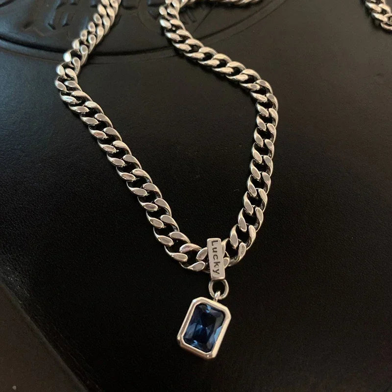 Personality Square Blue Zirconia Necklace Cuban Type Choker Matching Party Fashion Exquisite Women's Jewelry