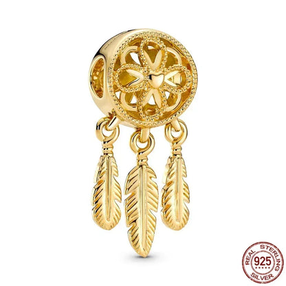 Original 925 Sterling Silver Gold Heart Charms Beads Sparkling MapleLeaf Safety Pendant For Women Bracelet DIY Fine Jewelry Gift