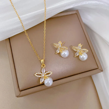 DIEYURO 316L Stainless Steel Butterfly Flower Bowknot Necklace Earrings For Women Girl New Concise Trendy Jewelry Set Gift Party