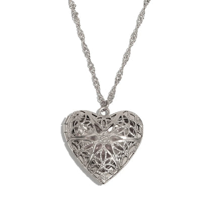 E.B.belle Flower Pattern Hollow Heart Photo Box Pendant Necklace For Women Stainless Steel Jewelry 18K Gold Plated Souvenir Gift
