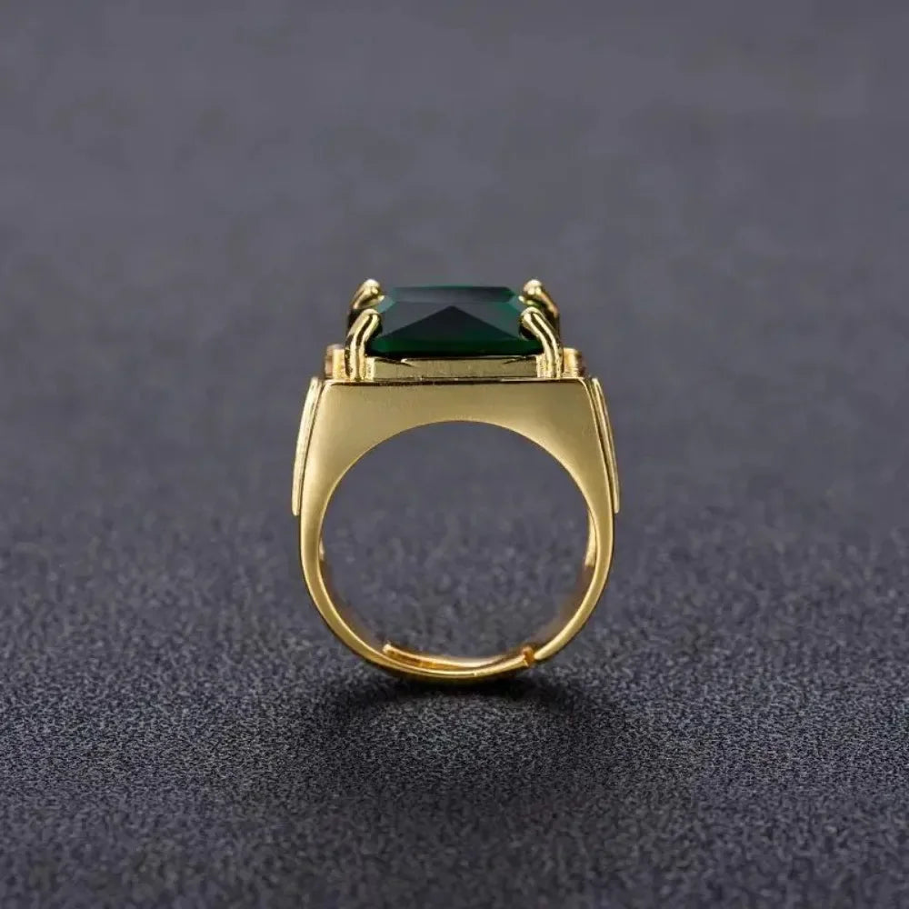 Popular Emerald Rings Men's Jewelry Retro Style Square Ethnic Rings 14k Gold Color Open Green Diamond Ring for Gift Box