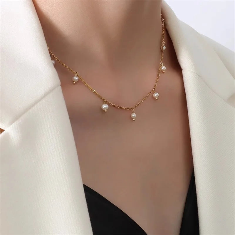 EILIECK 316L Stainless Steel Simple Zirconia Pearl Pendant Necklace For Women Fashion Collar Neck Chain Waterproof Jewelry Gift