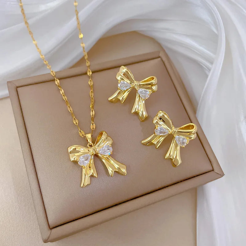 DIEYURO 316L Stainless Steel Butterfly Flower Bowknot Necklace Earrings For Women Girl New Concise Trendy Jewelry Set Gift Party