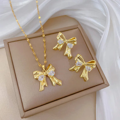 DIEYURO 316L Stainless Steel Butterfly Flower Bowknot Necklace Earrings For Women Girl New Concise Trendy Jewelry Set Gift Party