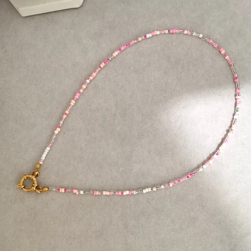 QMHJE Imitation Pearl Necklace Women Choker Seed Beads Rainbow Stainless Steel Clasp Sailor Buckle Base Chain Gold Color Boho