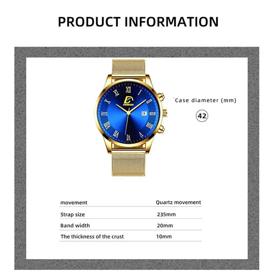 2PCS Set Fashion Mens Calendar Watches Luxury Men Business Golden Mesh Belt Quartz Watch Male Necklace Wristwatch